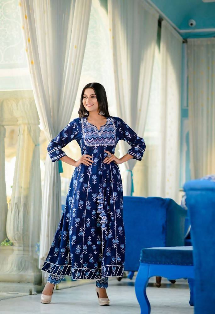 Yufta Women Blue Yoke Design Regular Pure Cotton Kurta with Trouser With Dupatta