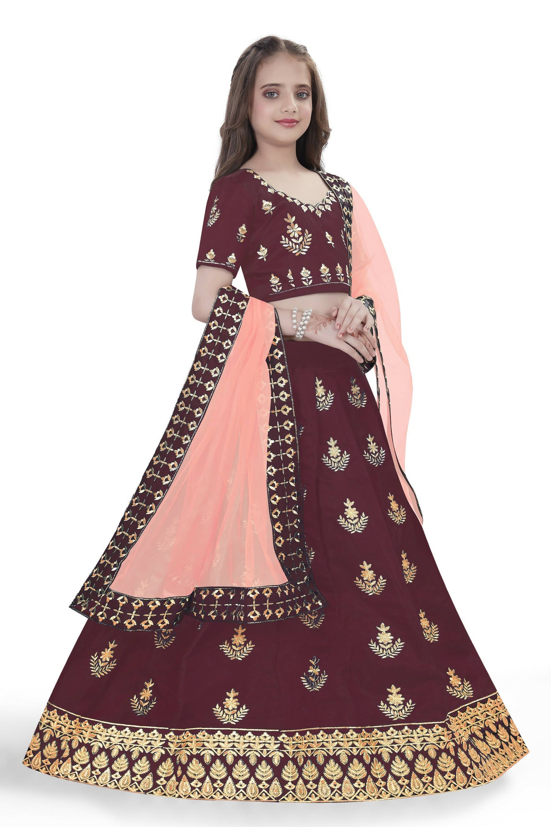 Dwiden Maroon Kamal Tafetta Sattin Semi-Stitched Girl's Lehenga Choli