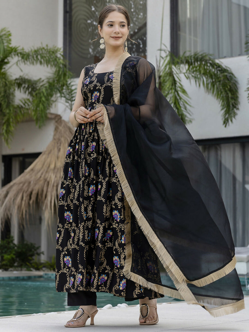 The52 Black Women's Gorgeous Printed Muslin Fabric Flared Kurta Pant and Dupatta Set - Distacart