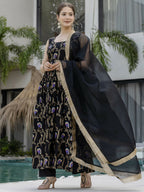 The52 Black Women's Gorgeous Printed Muslin Fabric Flared Kurta Pant and Dupatta Set - Distacart