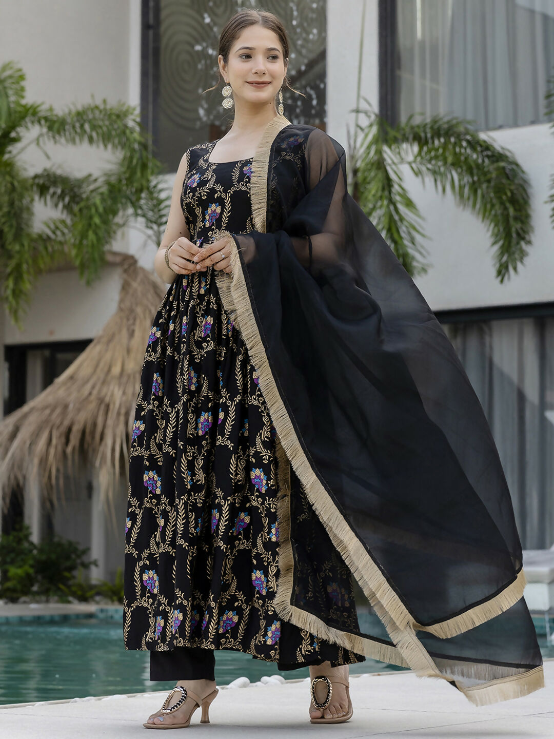 The52 Black Women's Gorgeous Printed Muslin Fabric Flared Kurta Pant and Dupatta Set - Distacart