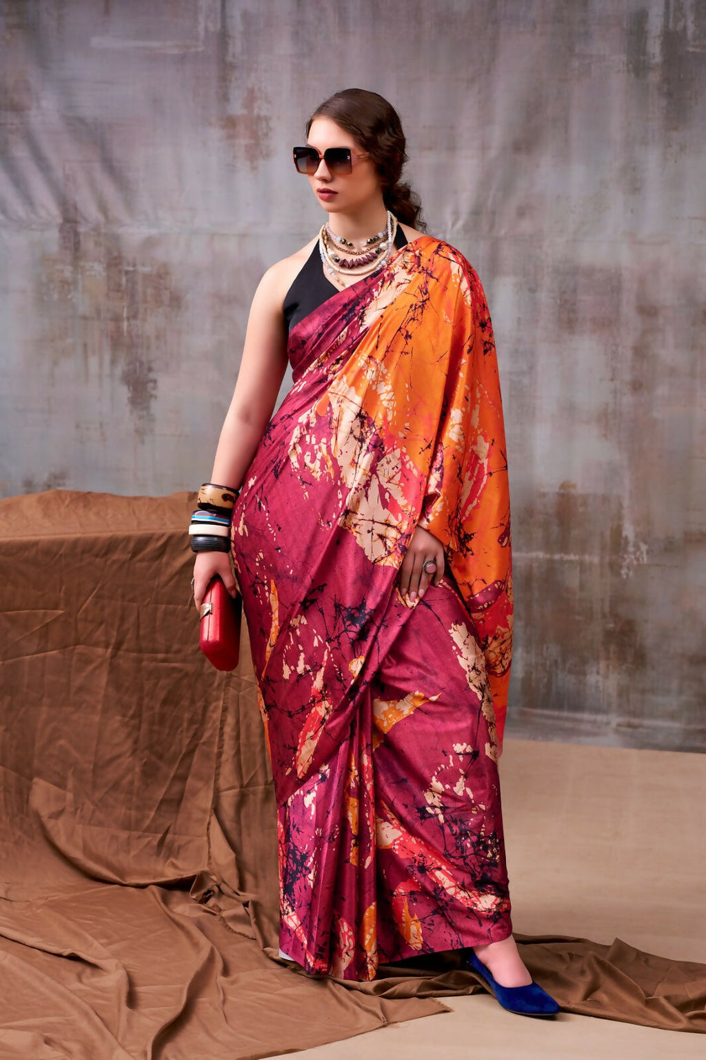 Vastranavya Maroon Satin Silk Printed Saree with a Natural Silk Unstitched Blouse - Distacart