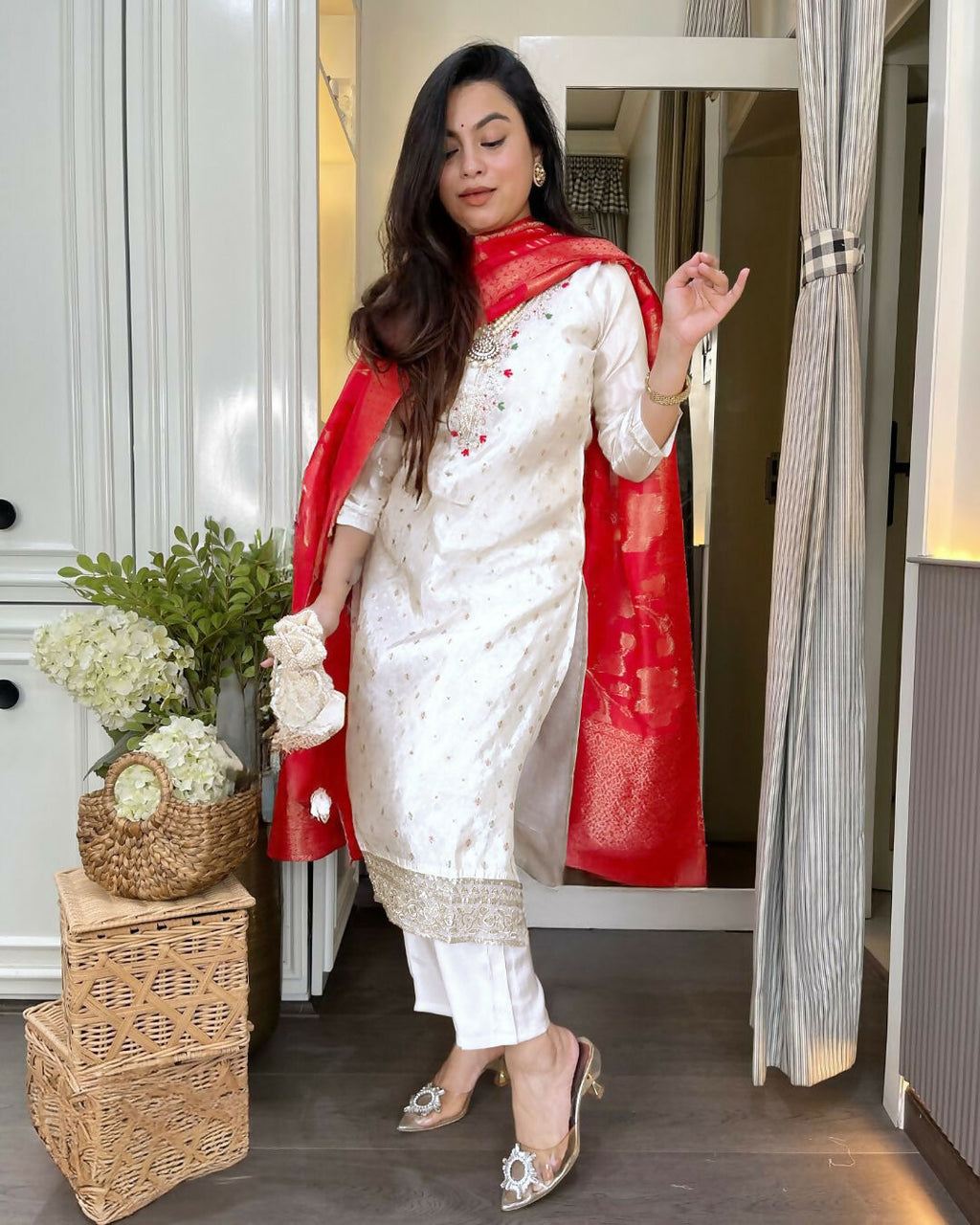 The52 White Women's Beautiful Chanderi Jacquard Fabric Embroidered Work Straight Kurta Pant and Dupatta Set - Distacart