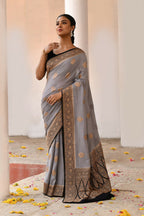 Joban Fashion Grey Crepe Chiffon Pure Handloom Banarasi Silk Saree
