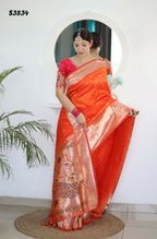 Orange Woven Jacquard Designer Embroidery Work Party Wear Saree - Parampara