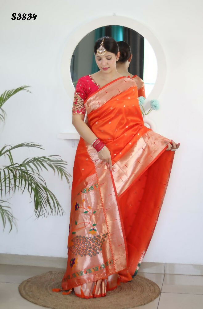Orange Woven Jacquard Designer Embroidery Work Party Wear Saree - Parampara