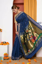 Very Much Indian Handloom Pure Cotton Paithani Saree- Royal Blue - Distacart