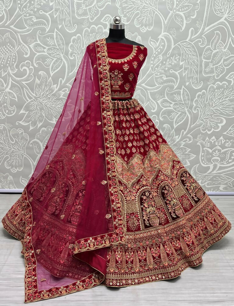 Jyoti Fashion Women's Rani Pink Velvet Multi Thread Embroidered with Zircon Diamond Wedding Lehenga Choli