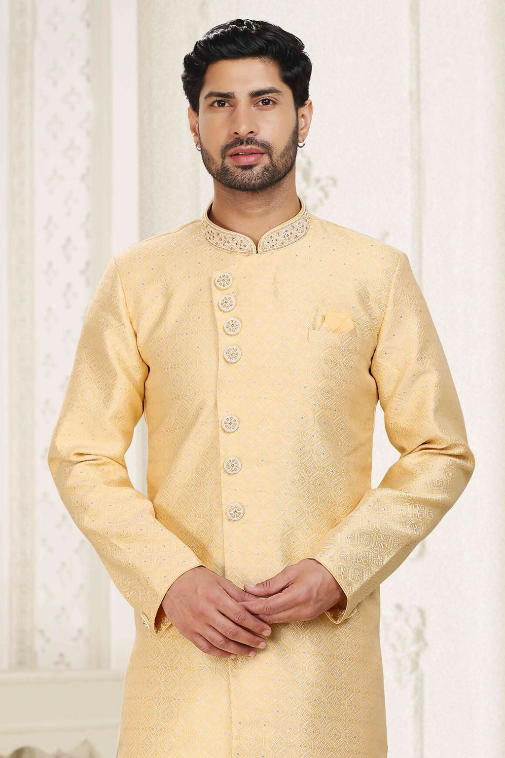 Raivat Ethnic Banarasi Jacquard Embroidery Semi Indo Western Sherwani In Yellow Colour