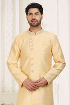 Raivat Ethnic Banarasi Jacquard Embroidery Semi Indo Western Sherwani In Yellow Colour
