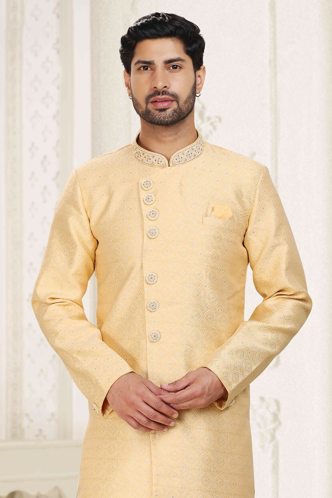 Raivat Ethnic Banarasi Jacquard Embroidery Semi Indo Western Sherwani In Yellow Colour