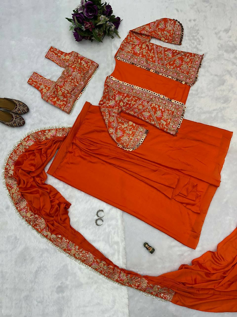 Teeya Creation Orange Color Chinon Silk Embroidery Work Ready To Wear Party Wear Saree With Koti - Distacart