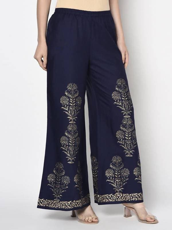 Aniyah Rayon Navy Blue Color Gold Print Flared Slip-On Palazzo (AN-193K)