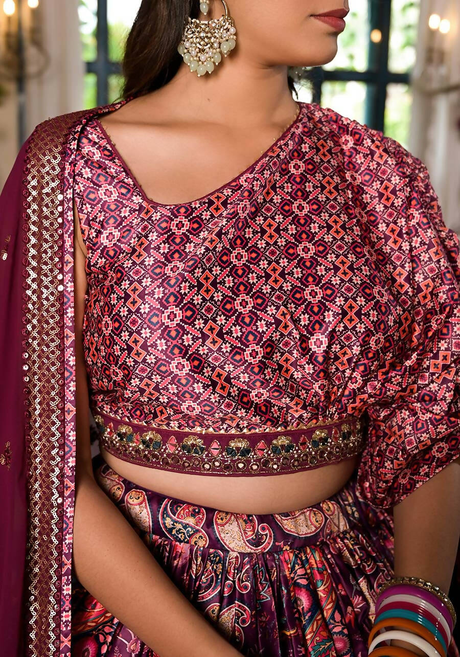 Women's Wedding Traditional Mulberry Dull Satin Lehenga Choli - Kaushlya