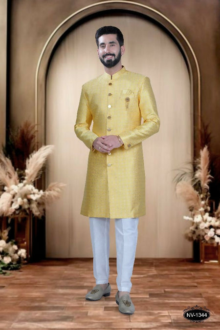 Joban Fashion Men's Yellow Brocade Kurta with Pyjama