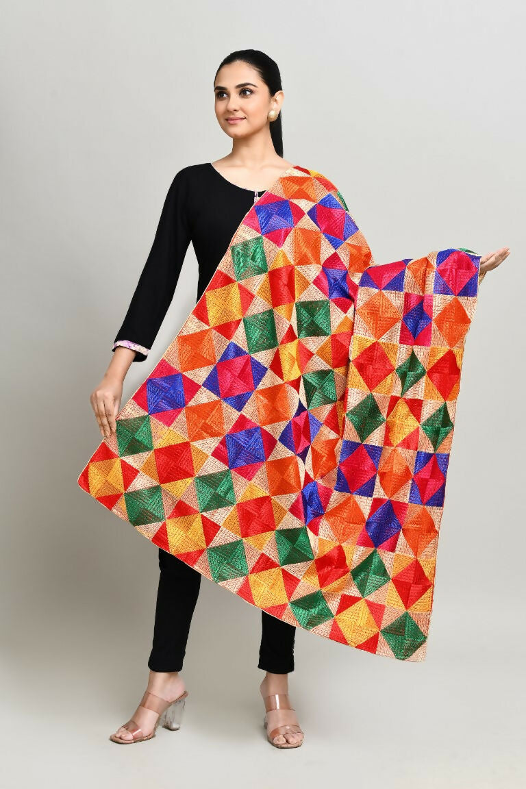 Joban Fashion Multi Color Cotton Embroidery Work Phulkari Dupatta