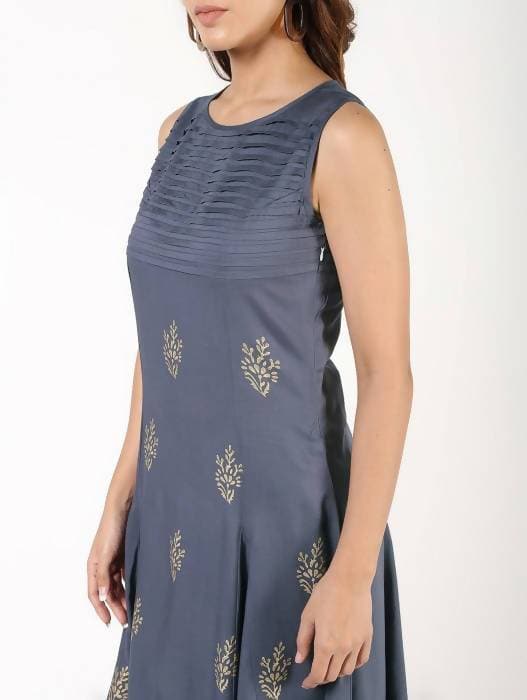 Aniyah Rayon Block Print Flared Grey Kurta (AN-150K)