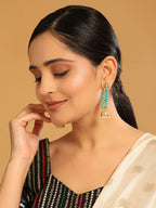 Nuyug 22K Gold Plated Pearl & Turquoise Stone Studded Contemporary Shaped Jhumkas - Distacart