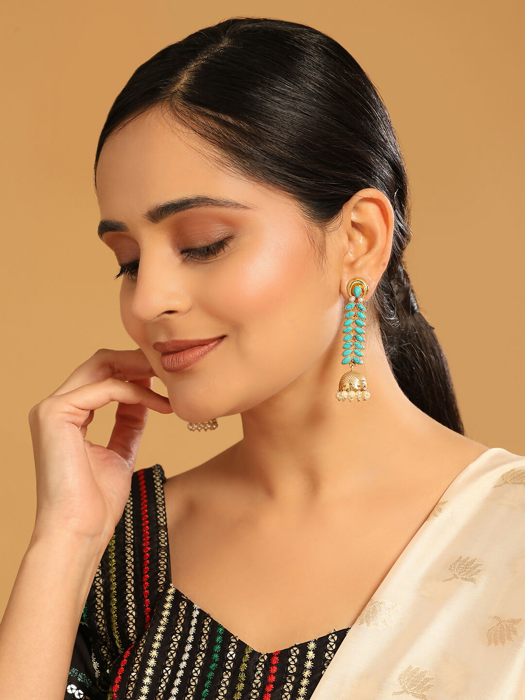 Nuyug 22K Gold Plated Pearl & Turquoise Stone Studded Contemporary Shaped Jhumkas - Distacart