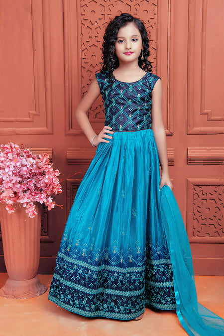 Kids Wedding Designer Sky Soft Chinon Silk Lehenga Choli - Aaradhna