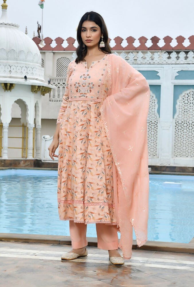 Vaasva Women's Peach Cotton Anarkali Set With Solid Pant And Embroidered Dupatta