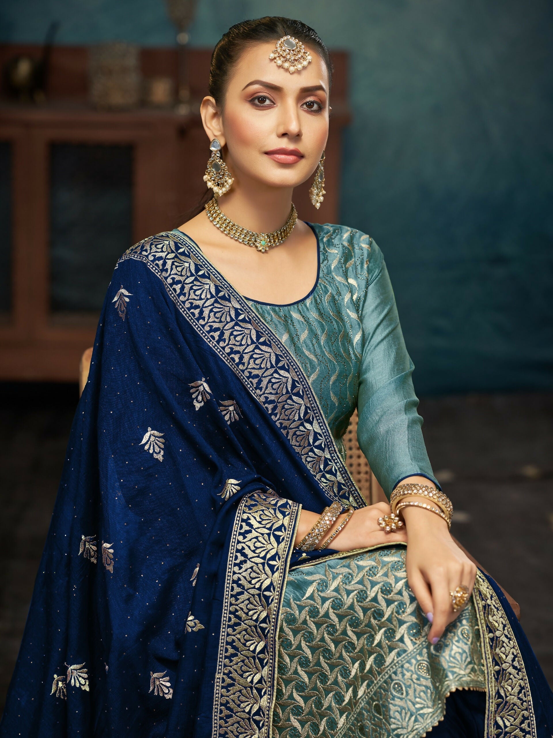 Anaita Light Teal Premium Embroidered with servos waki diamond Vichitra Silk Stitched Salwar Suit - Distacart