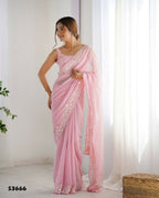 Georgette Designer Sequance Embroidery Work Party Wear Saree - Pink