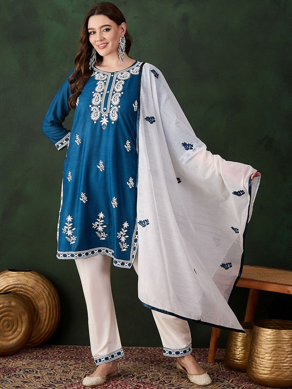 Sangria Teal Blue Paisley Embroidered Thread Work Straight Kurta & Trouser With Dupatta