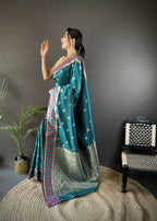 Joban Fashion Teal Blue Woven Zari Motifs Lichi Silk Banarasi Silk Saree - Distacart