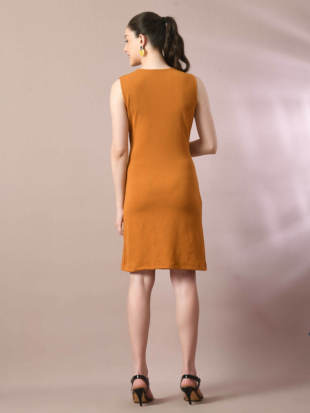 Myshka Women's Mustard Solid Cowl Neck Bodycon Party Dress - Distacart