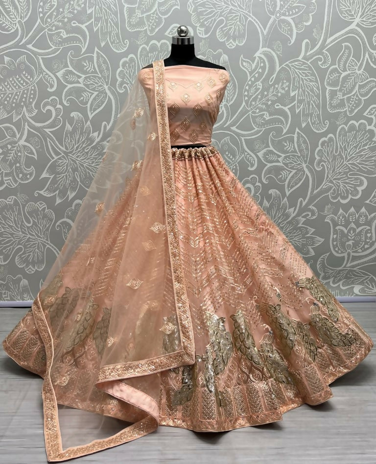 Jyoti Fashion Women's Peach Bridal Net Fancy Foil & Sequins with Multi Thread Embroidered Wedding Lehenga Choli