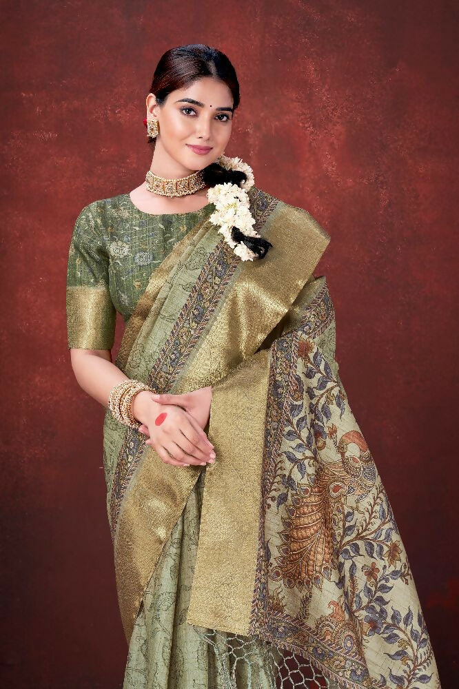 Pista Green Poly Habotai Silk Foil Print Saree with Unstitched Blouse - Kathari