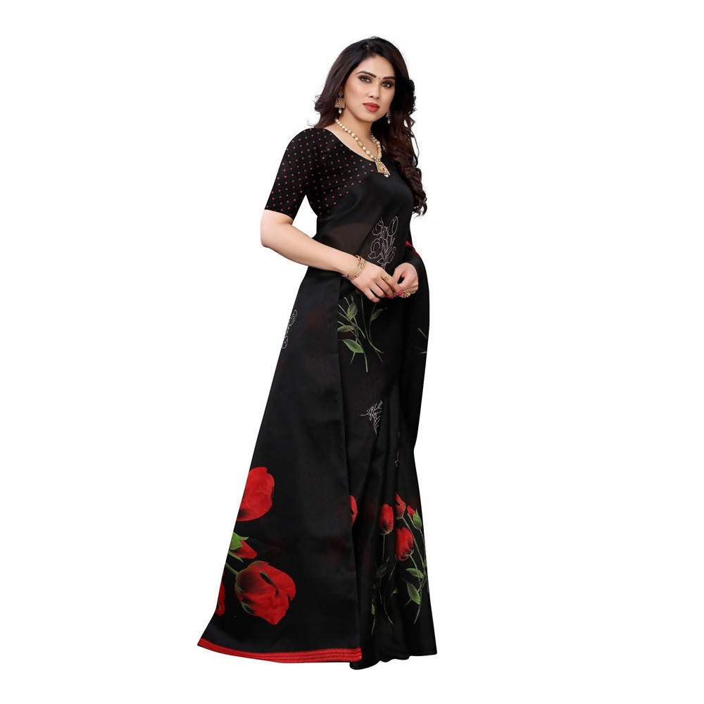 Vamika Printed Jute Silk Black Saree for party waer