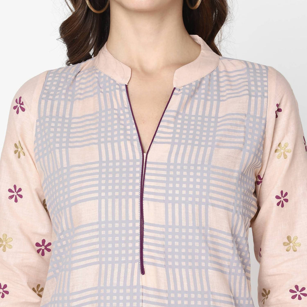 Cheera Hand Block Print Pale Pink & Skin Color Straight Kurta With Palazzo (MAAI-088K)