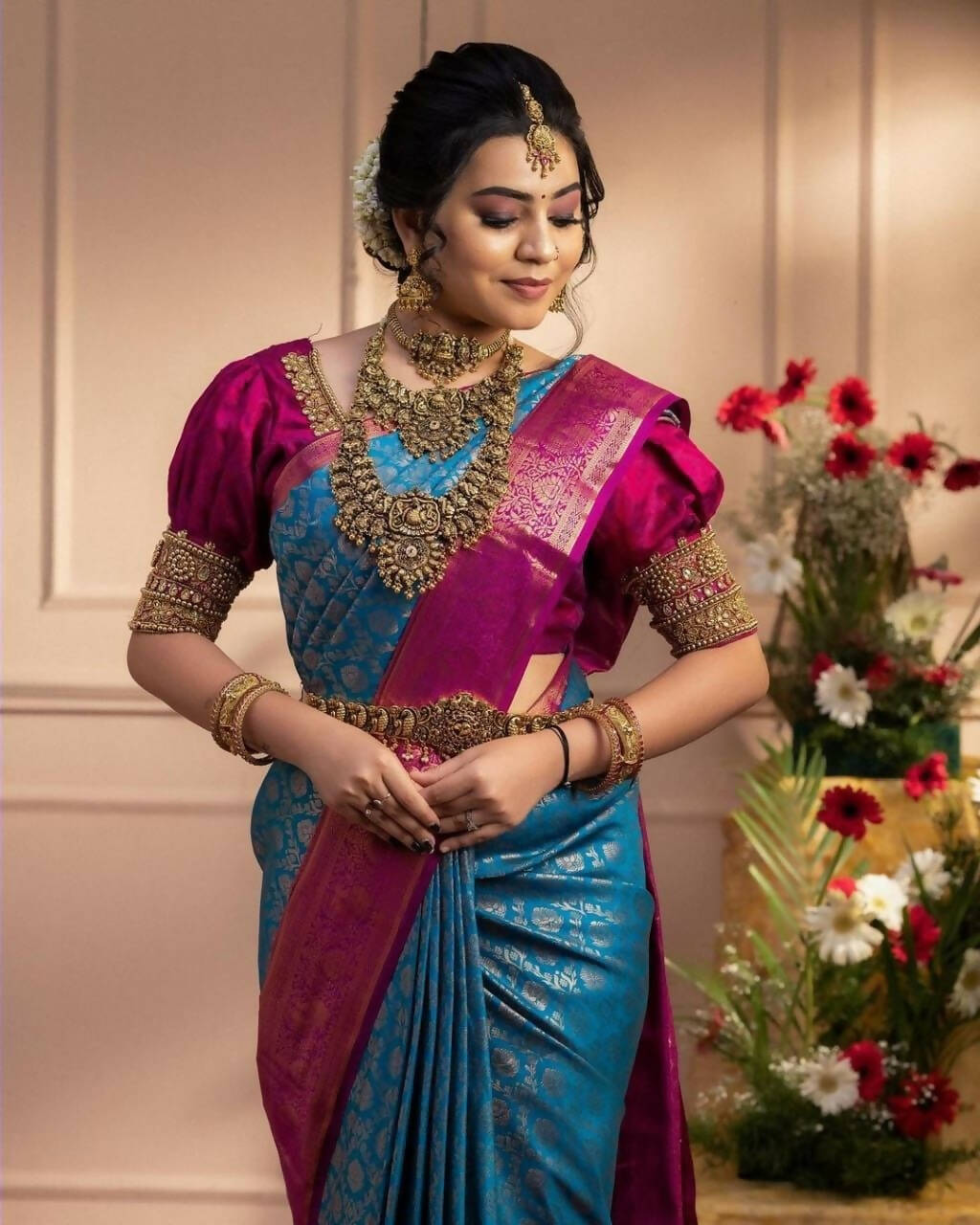 DEIANA'S Beautiful Designer Golden zari Soft Lichi Silk Saree - Blue