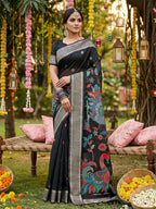 Shree Shyam Fashion Black Linen Cotton Saree - Distacart