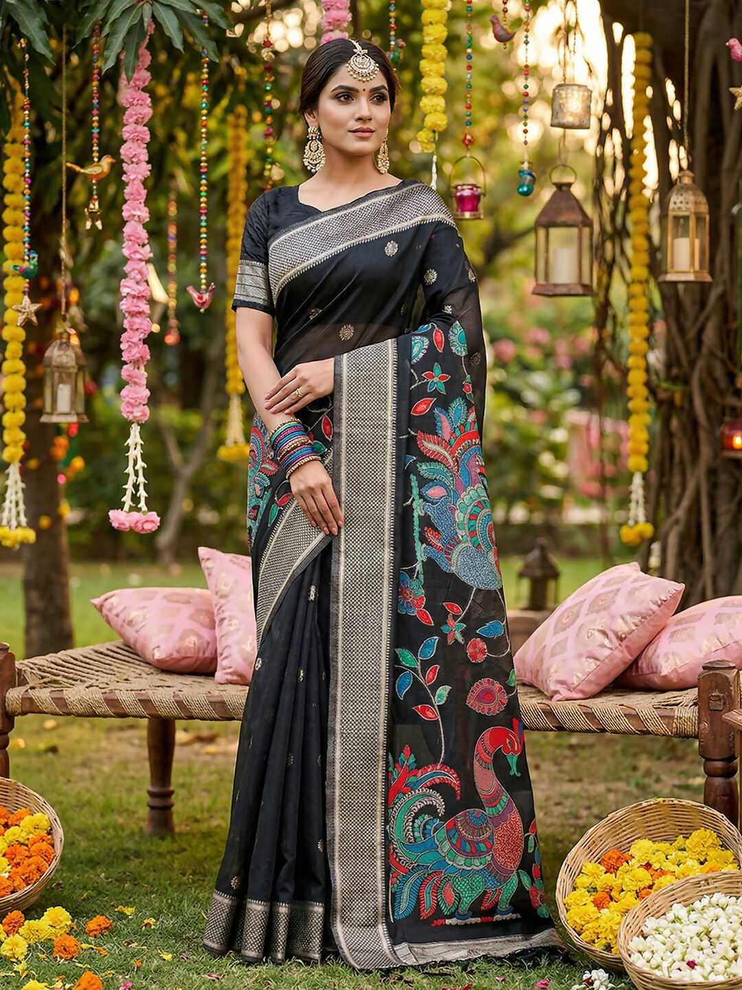 Shree Shyam Fashion Black Linen Cotton Saree - Distacart