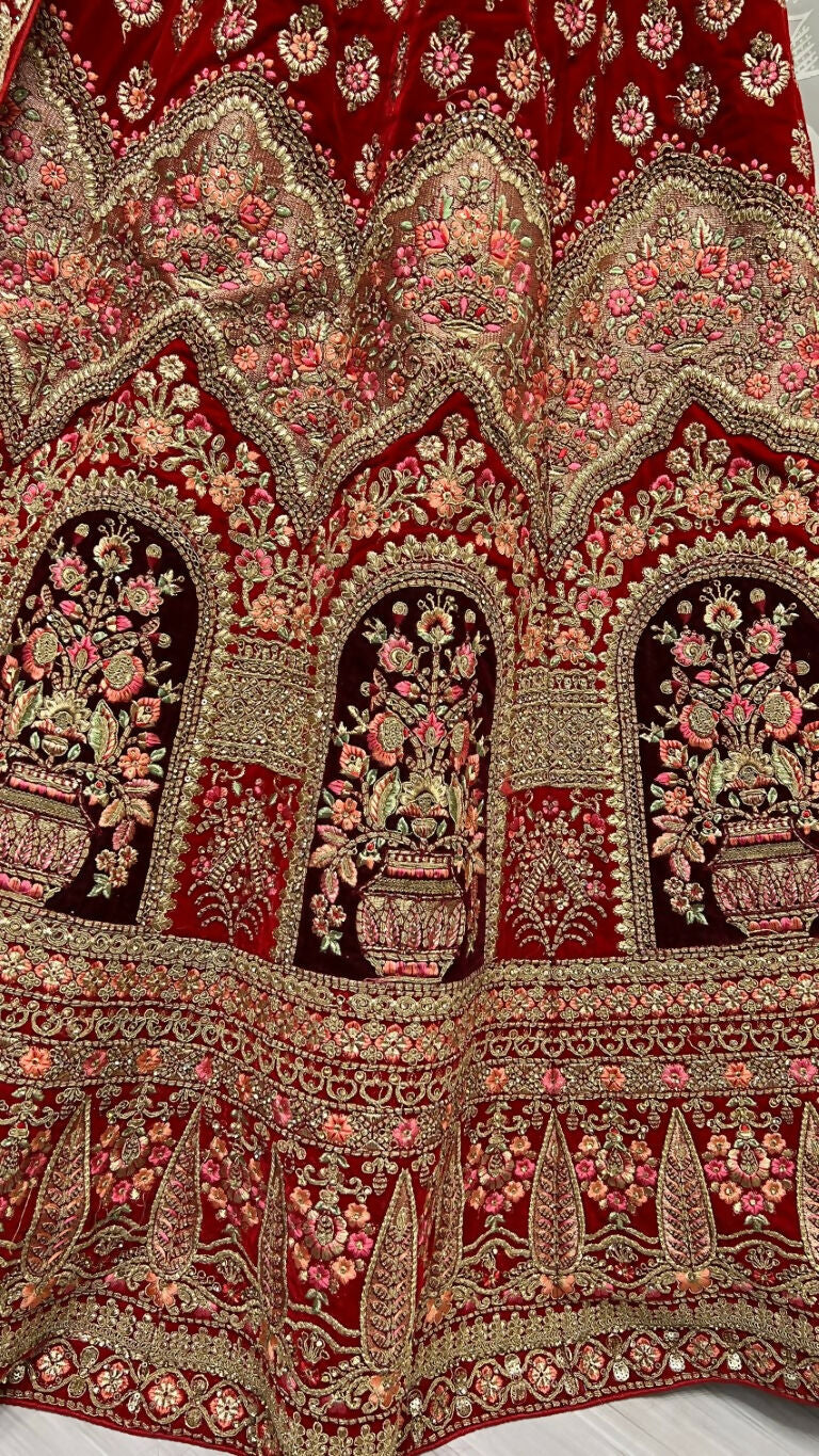 Jyoti Fashion Women's Red Velvet Multi Thread Embroidered with Zircon Diamond Wedding Lehenga Choli