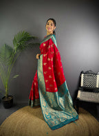 Joban Fashion Banarasi Red Woven Butti Soft Silk Saree - Distacart
