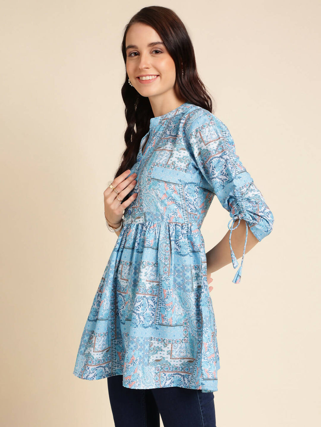 Light Blue Poly Rayon Digital Printed A-line Top - Tarini
