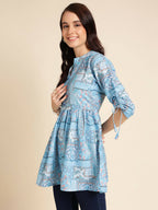Light Blue Poly Rayon Digital Printed A-line Top - Tarini