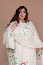 Miravan Women's Plus Size Cream Ethnic Motifs Hand Block Cotton Pakistani Kurta Palazzo With Dupatta