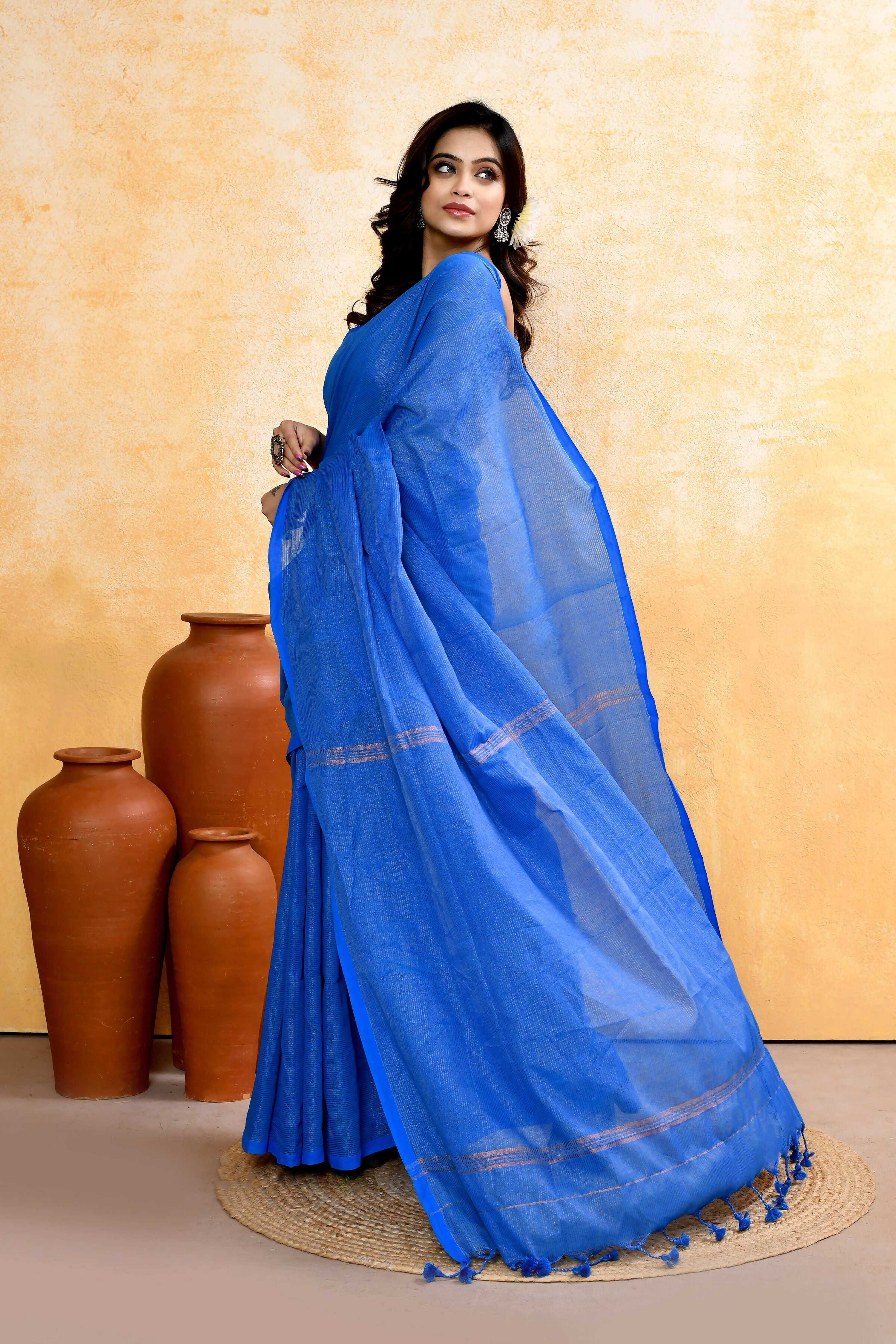 Piyari Fashion Women's Sky Blue Embellished Cotton Blend Zari Check Handloom Saree - Distacart