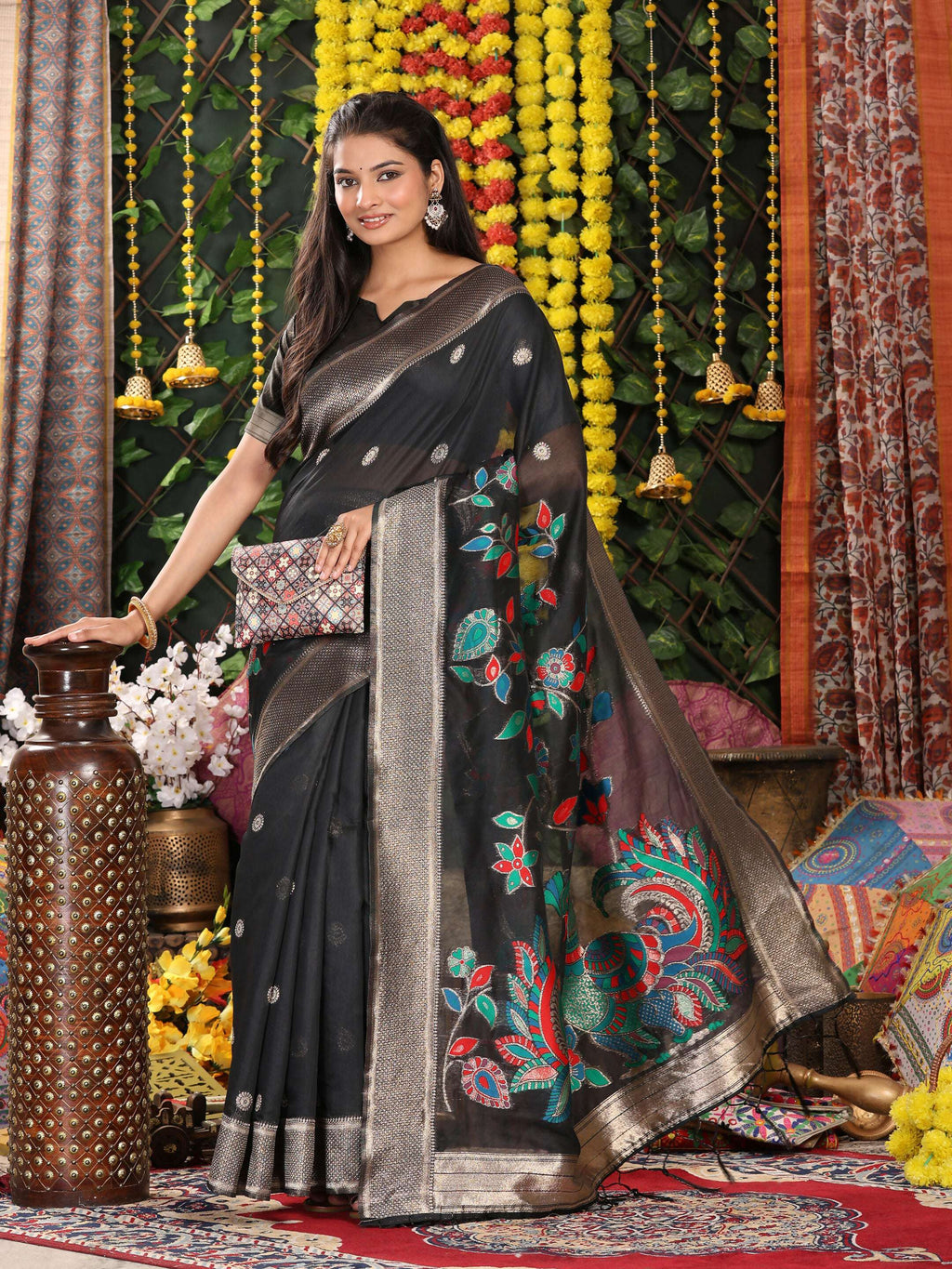 Shree Shyam Fashion Linen Cotton Black Saree - Distacart