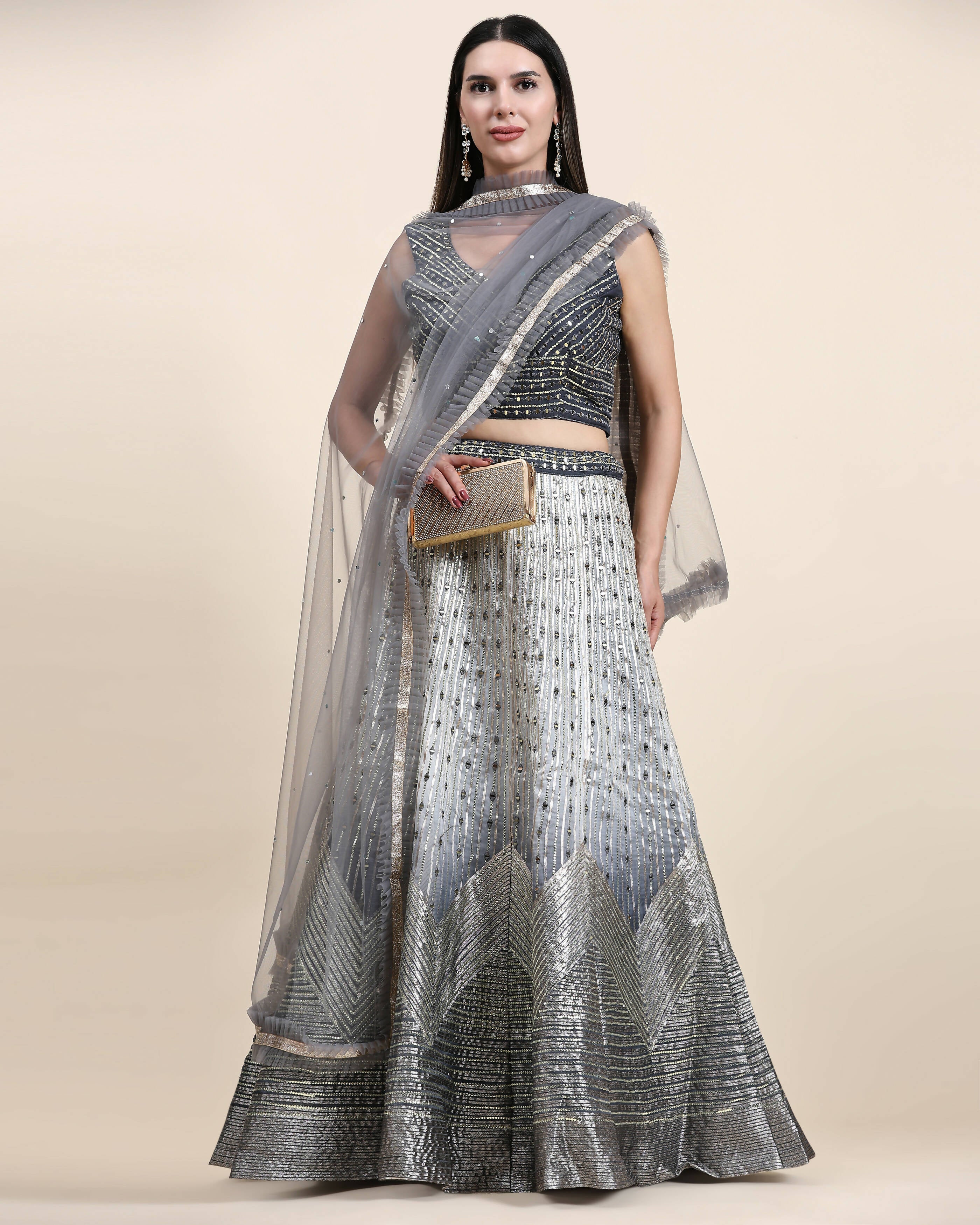 Grey Organza Mirror With Coding Work Lehenga Choli with Dupatta - Tanya