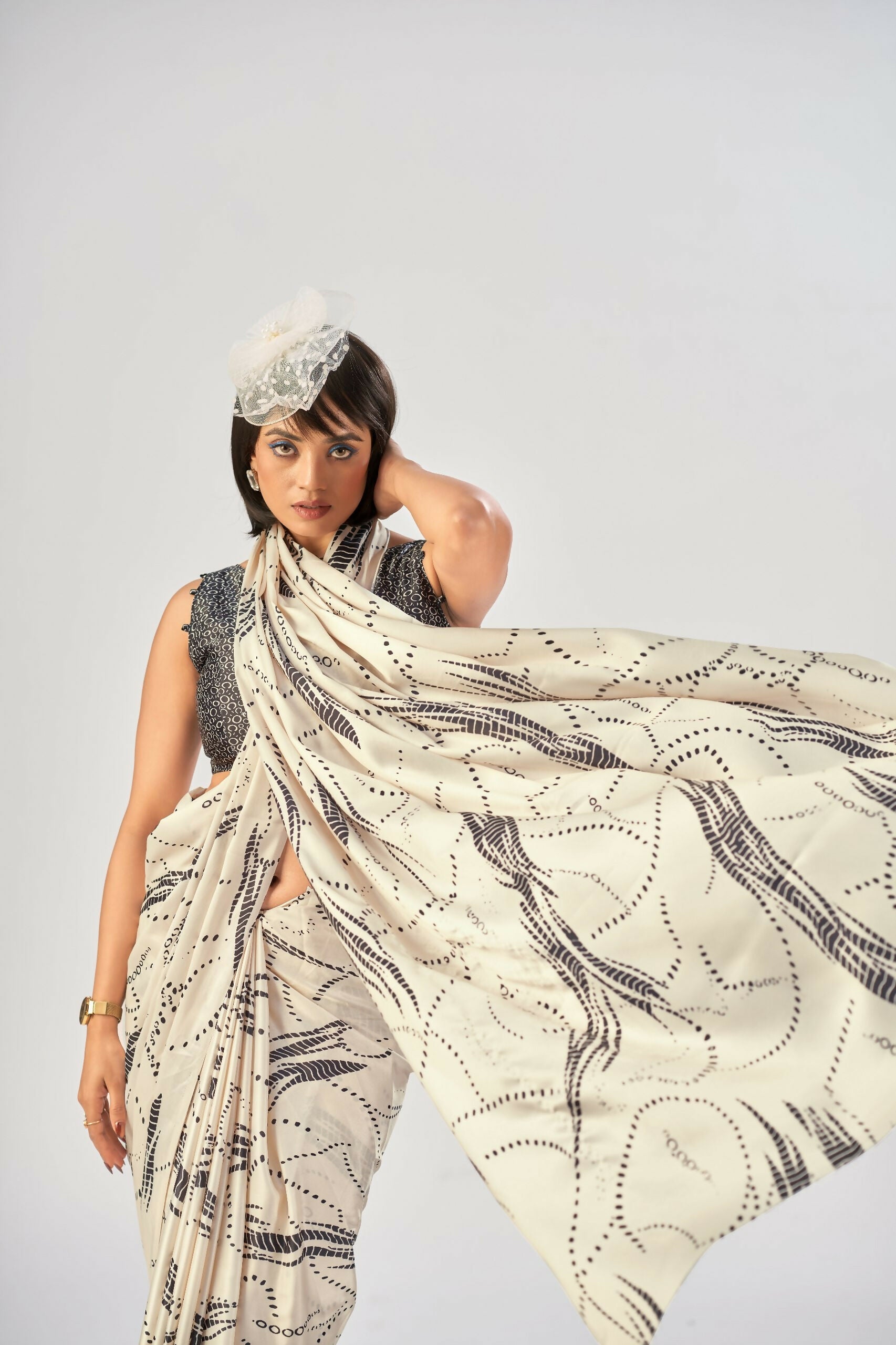 Vastranavya Off White Satin Silk Elegant Printed Saree with Unstitched Blouse - Distacart