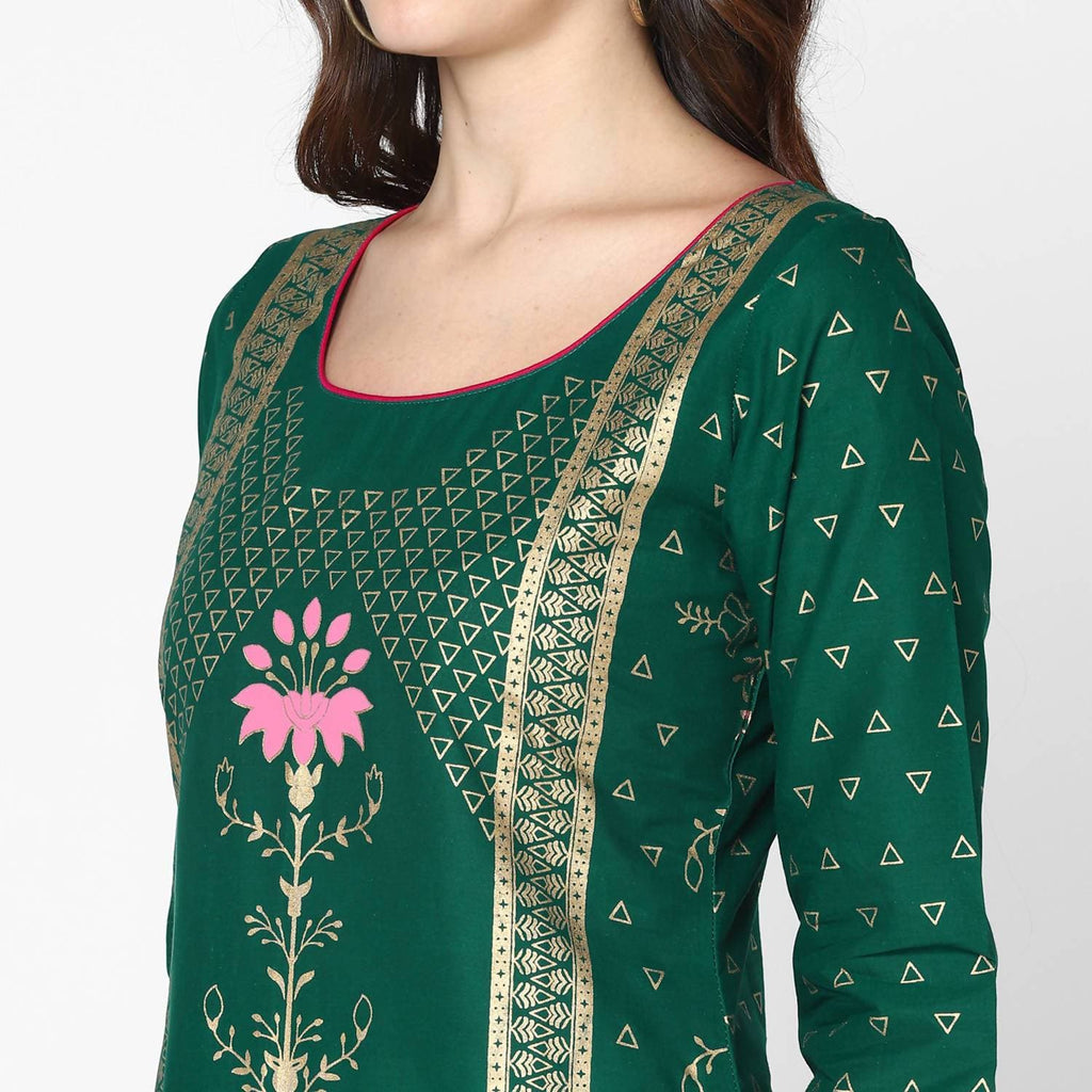 Cheera Hand Block Print Green & Skin Color Straight Kurta With Palazzo (MAAI-089K)
