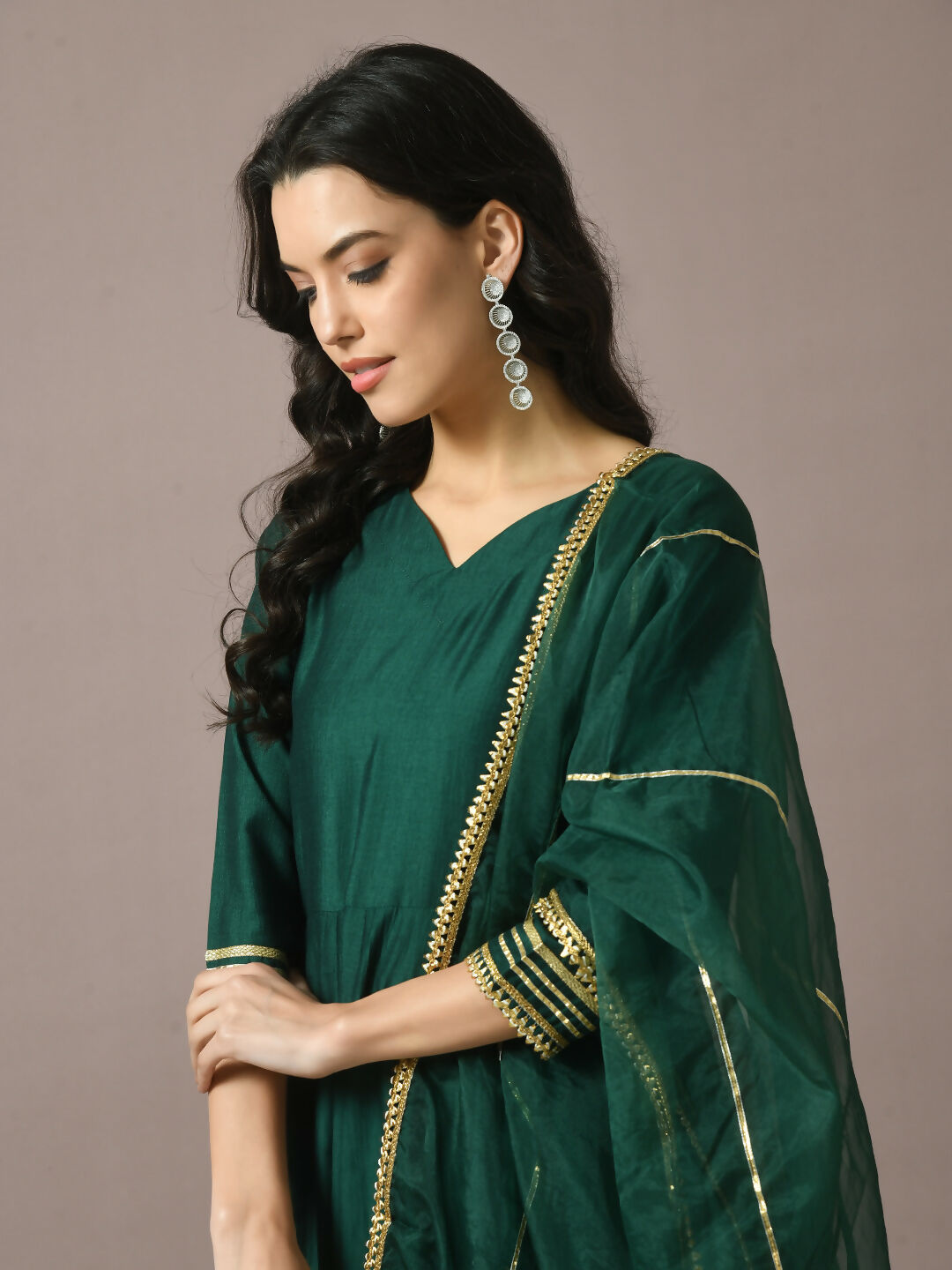 Myshka Women's Green Solid Silk Anarkali Party Kurta With Dupatta