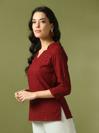 Myshka Women's Maroon Embellished Cotton Regular Party Tunic