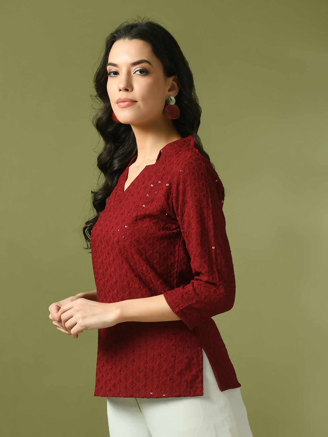 Myshka Women's Maroon Embellished Cotton Regular Party Tunic